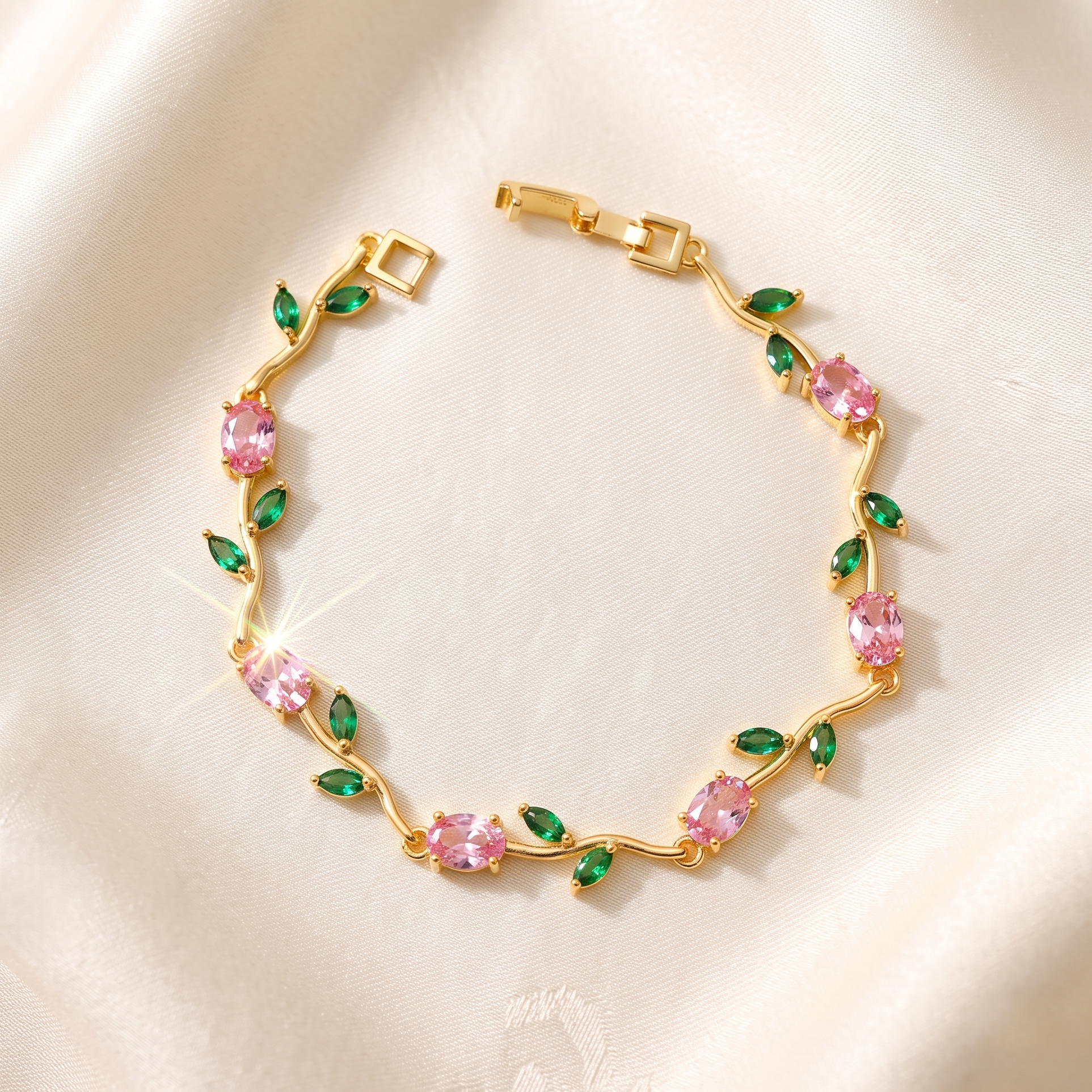 A gold bracelet featuring pink marquise-cut stones and green teardrop-cut stones.