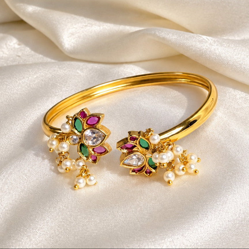 Arhoha Antique Gold American Diamond Pearl Lotus Cuff Bangle Bracelet