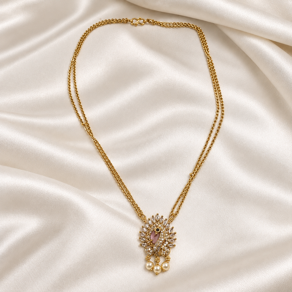 Peacock Pink AD Pendant Double Chain
