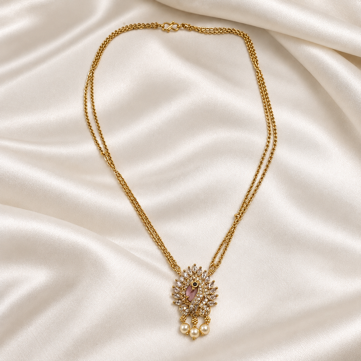 Peacock Pink AD Pendant Double Chain