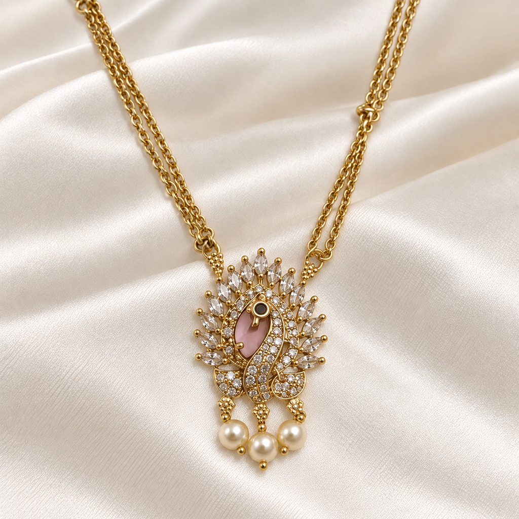 Peacock Pink AD Pendant Double Chain