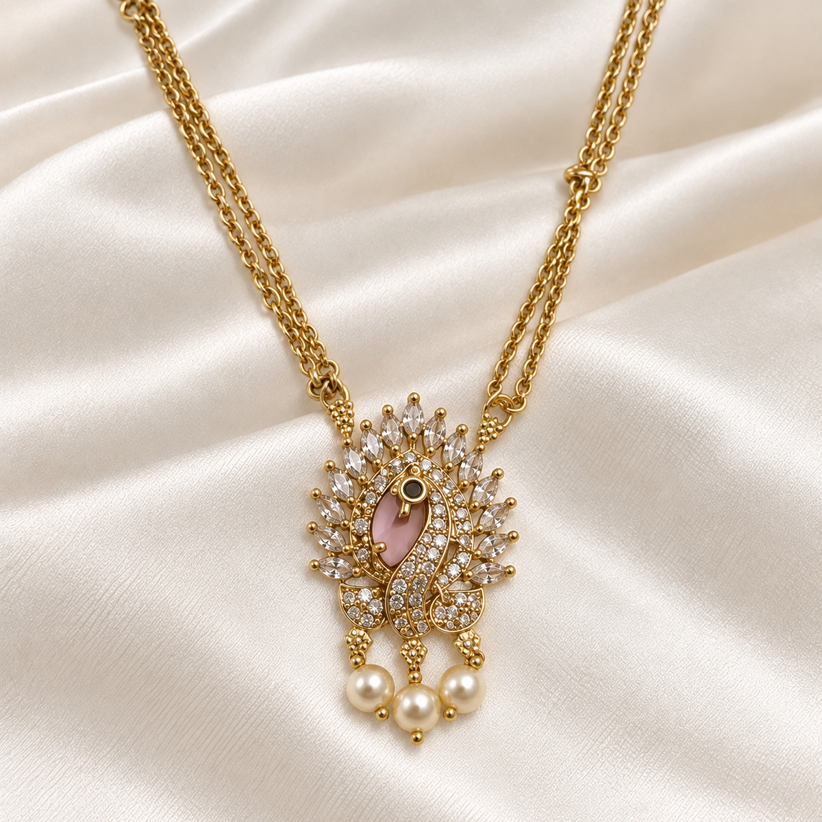 Peacock Pink AD Pendant Double Chain