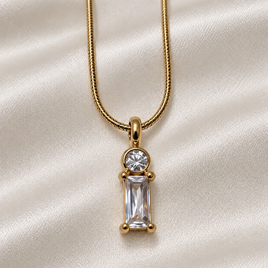 baguette diamond pendant anti tarnish chain