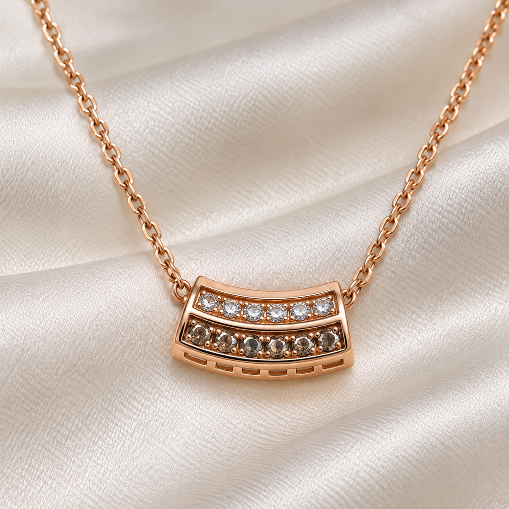 Rose Gold AD Stone Studded Curvy Bar Pendant Chain