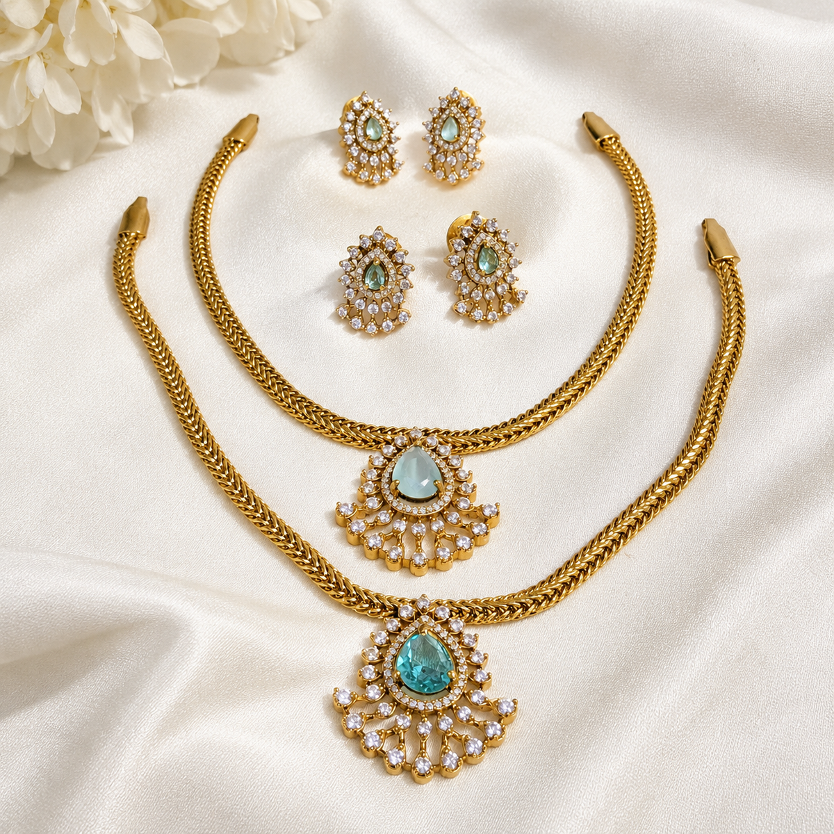 Aquamarine AD Pendant Attigai Necklace Set