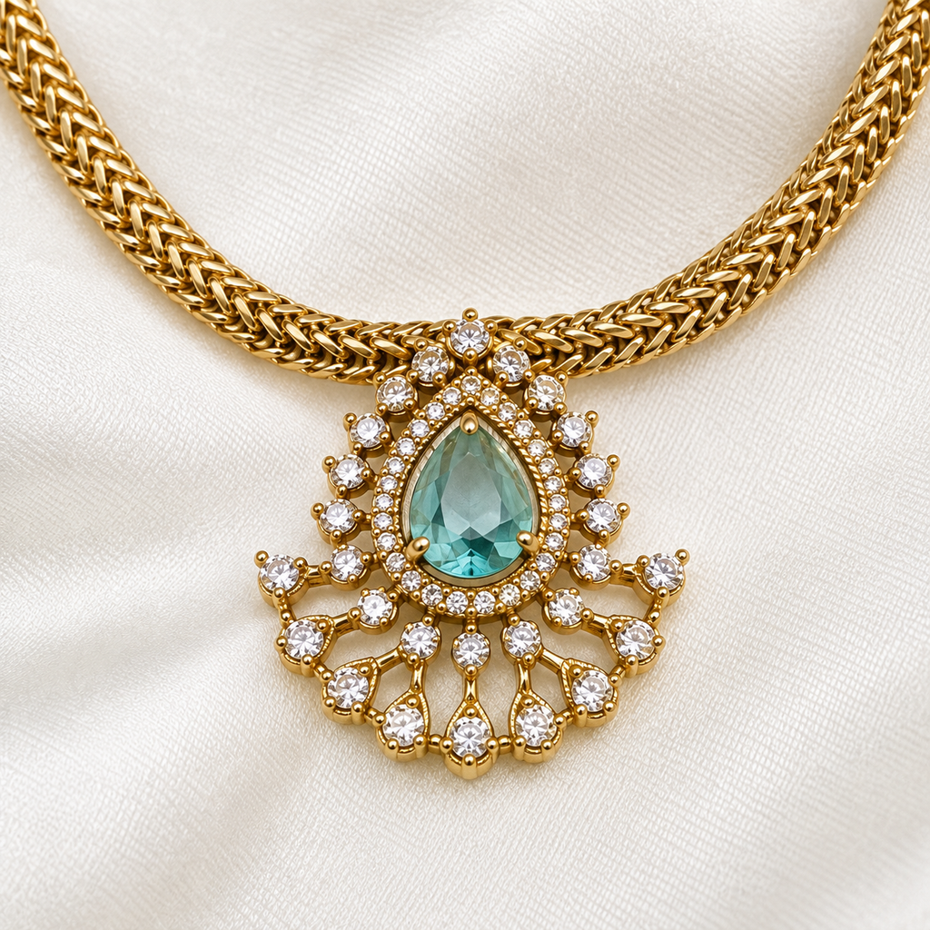Aquamarine AD Pendant Attigai Necklace Set