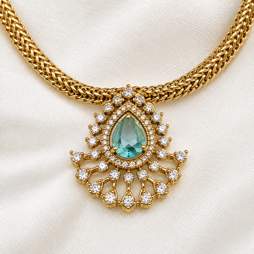 Aquamarine AD Pendant Attigai Necklace Set