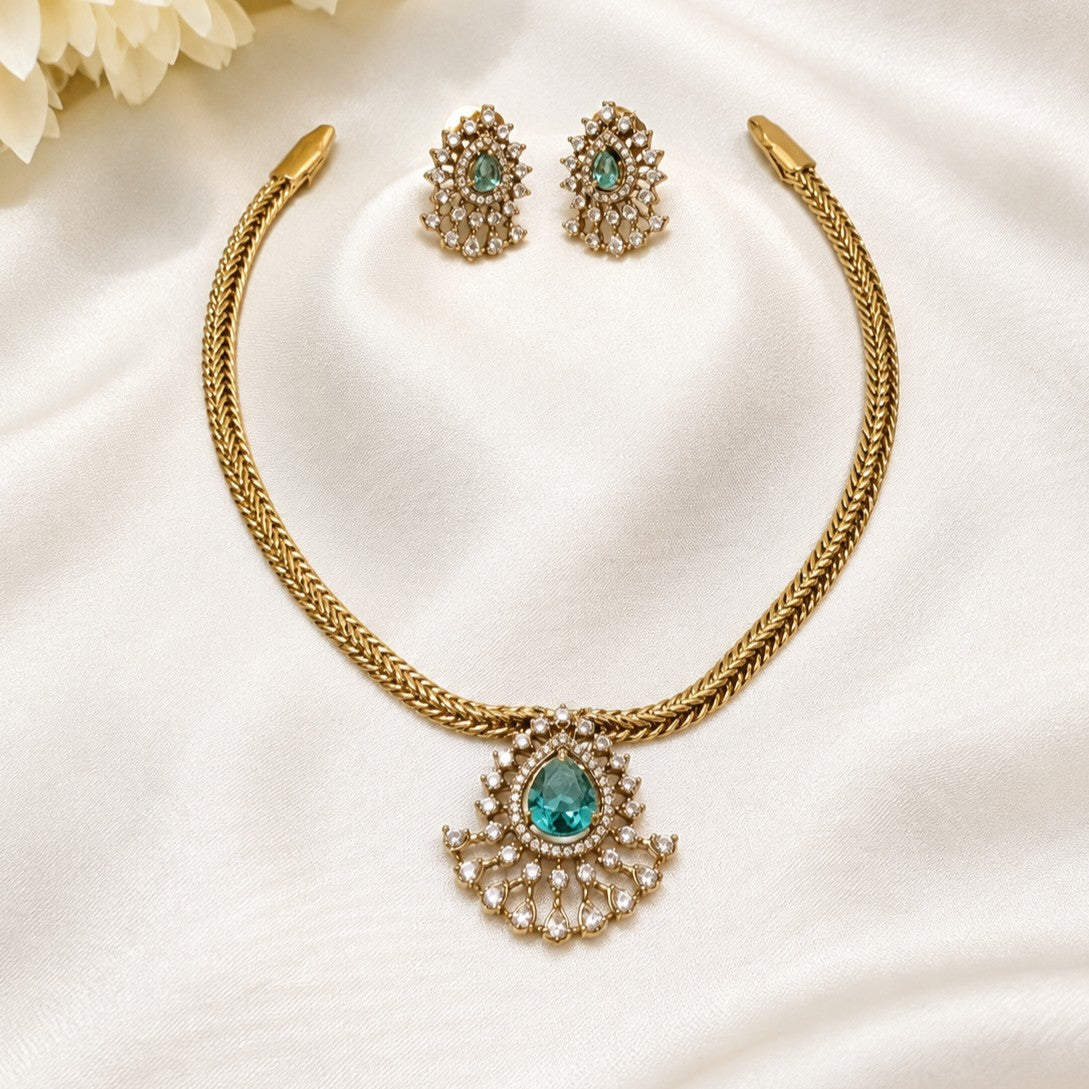 Aquamarine AD Pendant Attigai Necklace Set