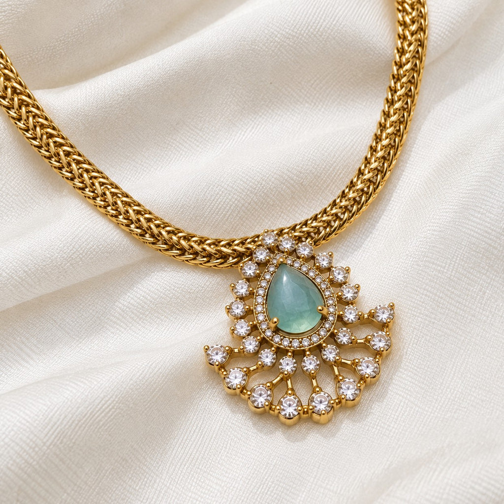 Aquamarine AD Pendant Attigai Necklace Set