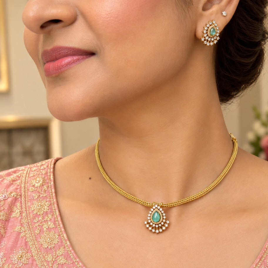 Aquamarine AD Pendant Attigai Necklace Set