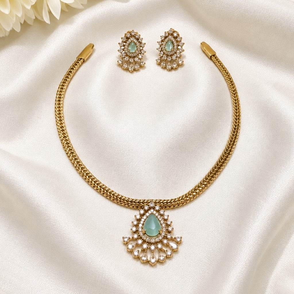 Aquamarine AD Pendant Attigai Necklace Set