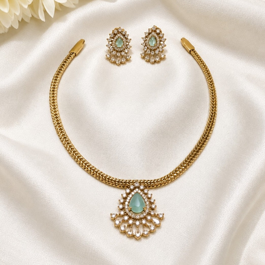 Aquamarine AD Pendant Attigai Necklace Set