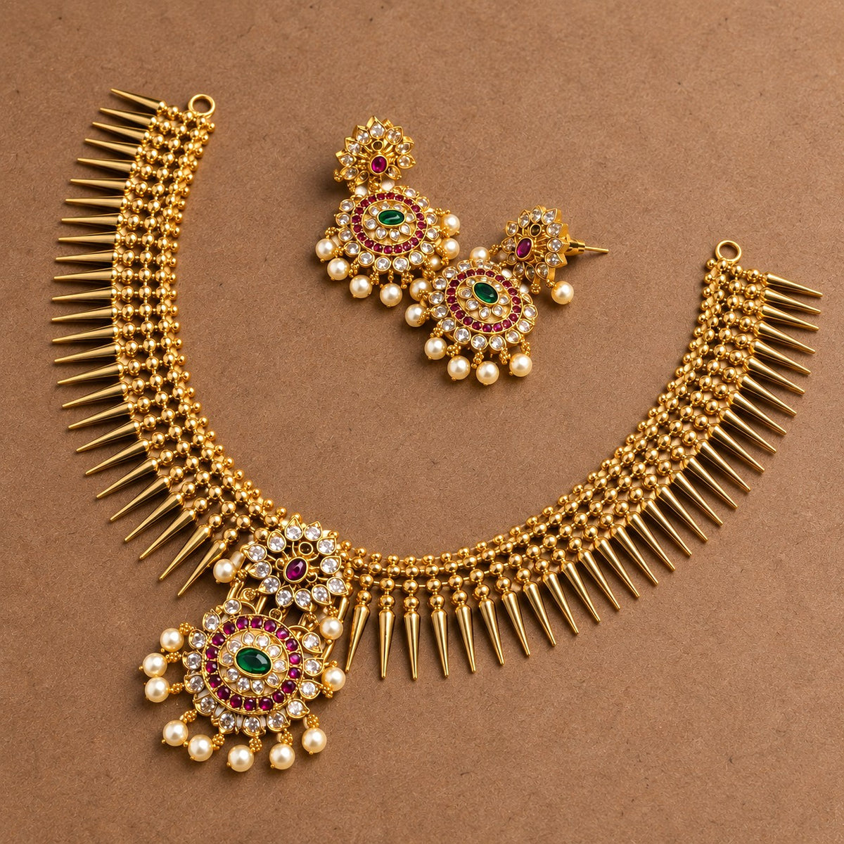 Traditional Kemp Pearl Pendant Mullamottu Necklace Set