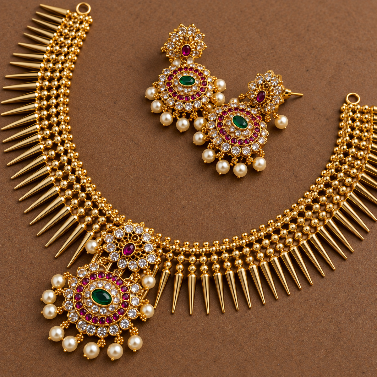 Traditional Kemp Pearl Pendant Mullamottu Necklace Set