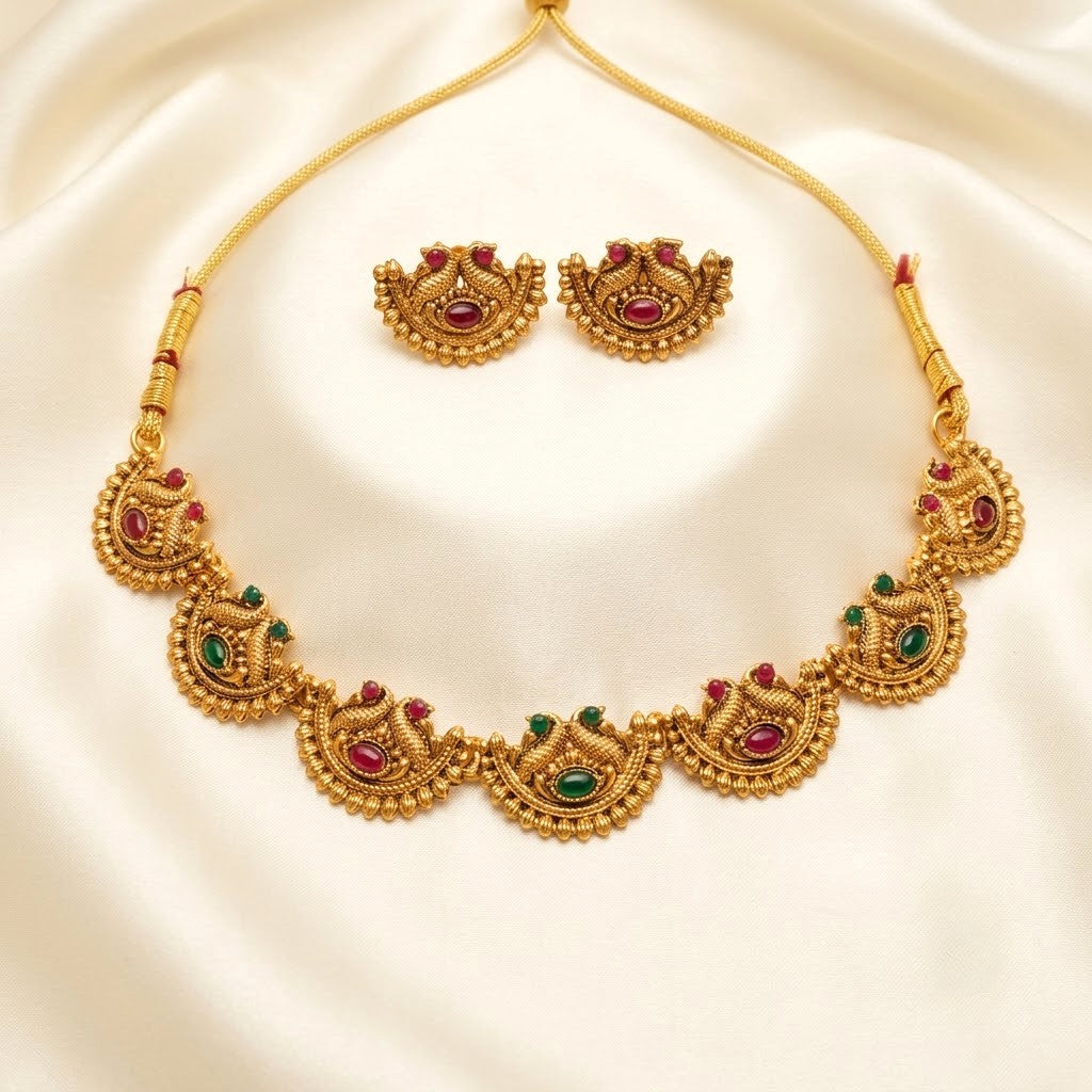 Crescent Peacock Multi-Stone Design Necklace Set