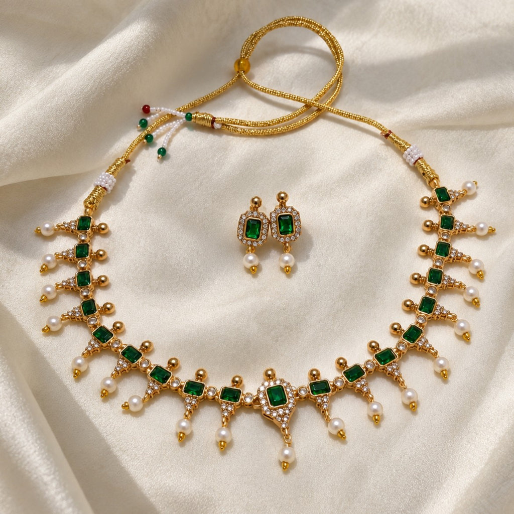 AD Gemstone Pearl Drop Partywear Necklace Set