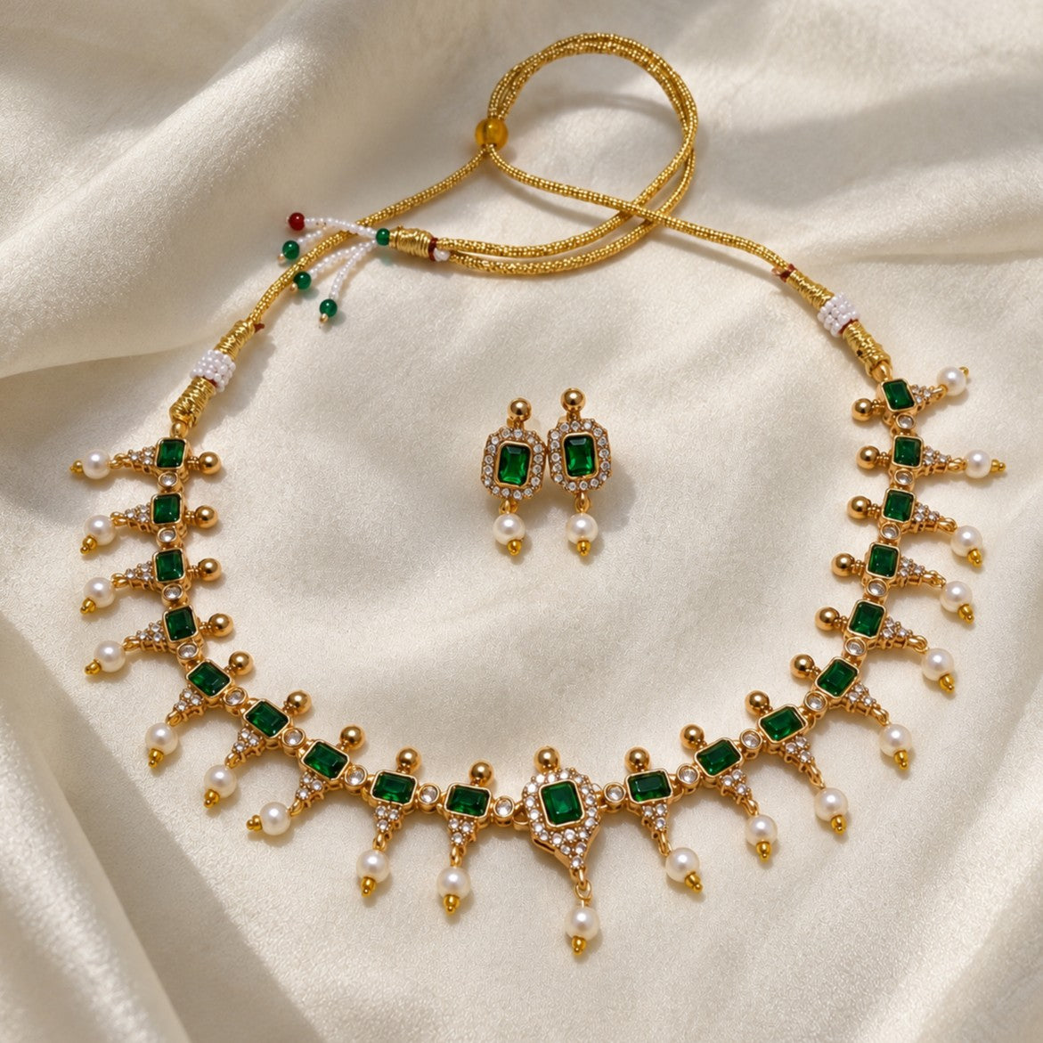 AD Gemstone Pearl Drop Partywear Necklace Set