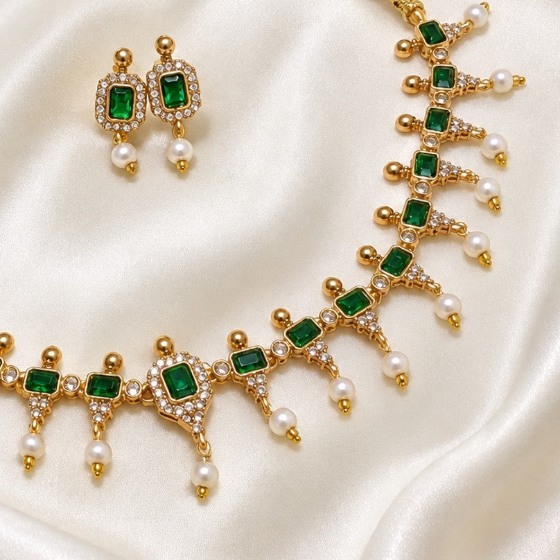 AD Gemstone Pearl Drop Partywear Necklace Set