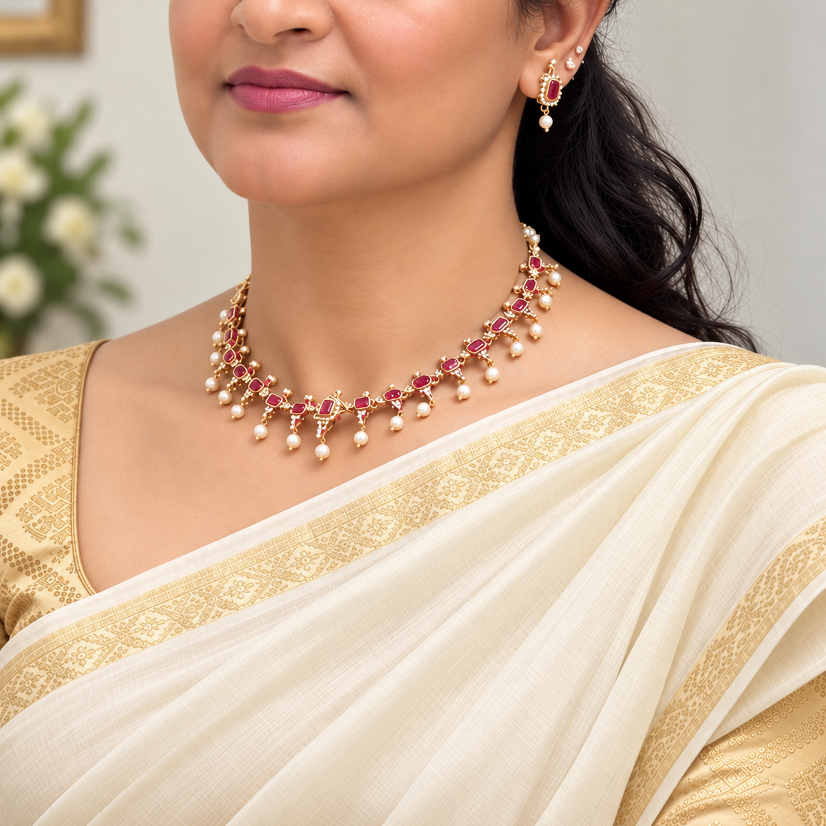 AD Gemstone Pearl Drop Partywear Necklace Set