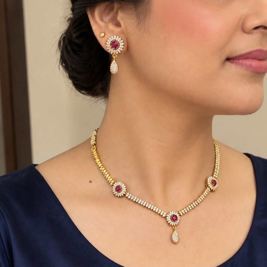 Gemstone Diamond Replica Partywear Drop Necklace Set