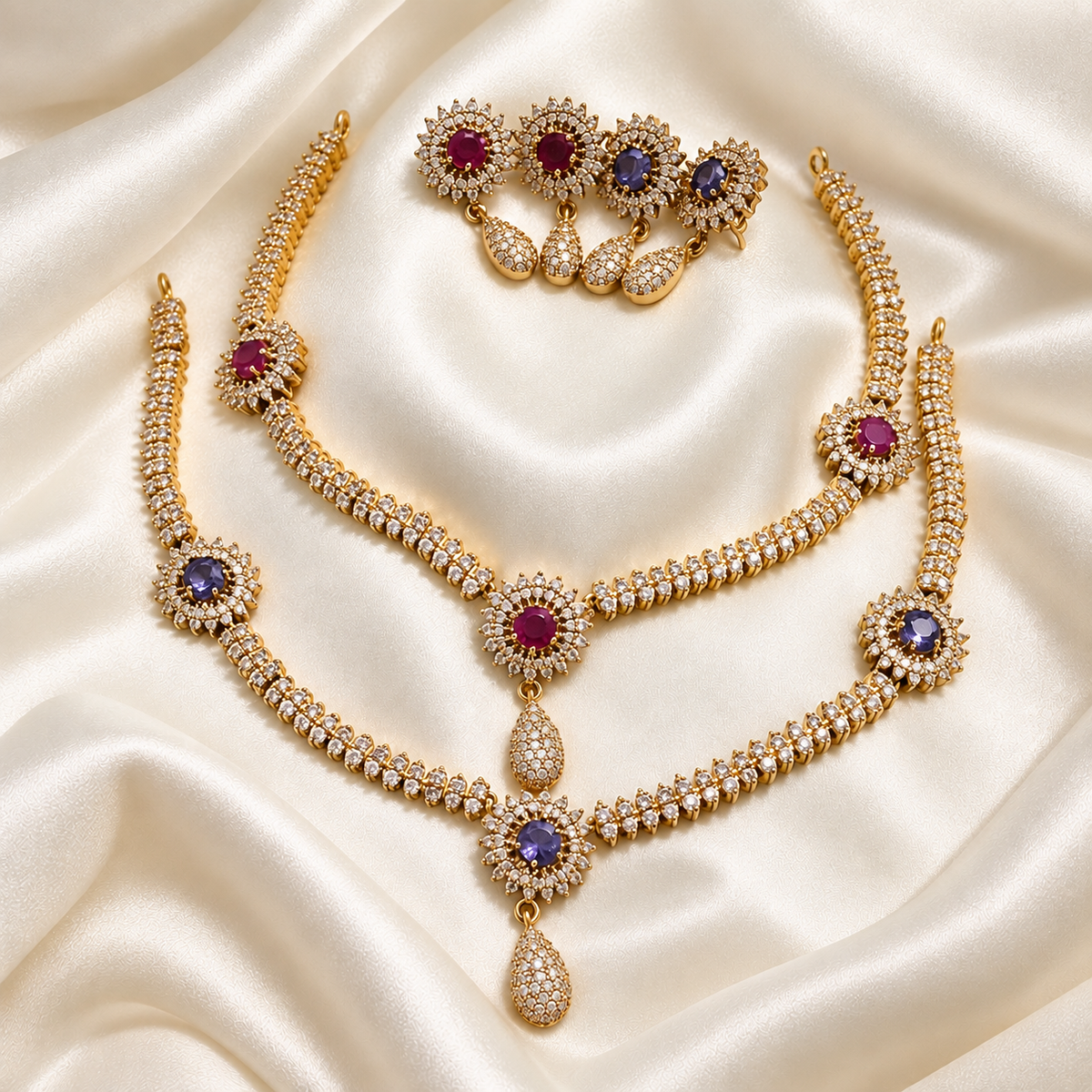 Gemstone Diamond Replica Partywear Drop Necklace Set