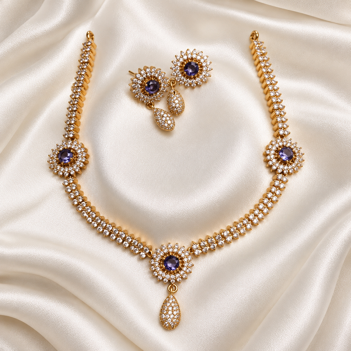 Gemstone Diamond Replica Partywear Drop Necklace Set