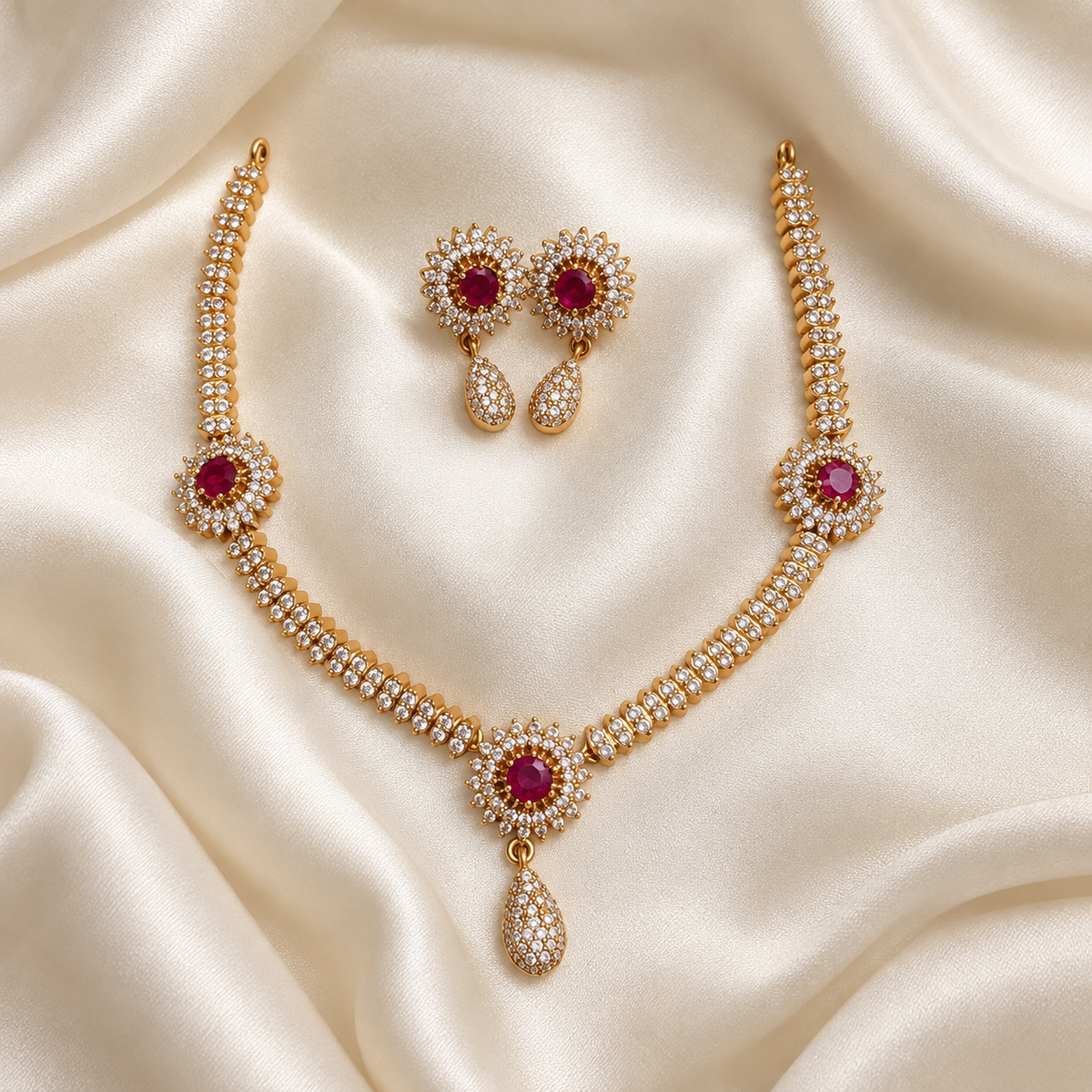 Gemstone Diamond Replica Partywear Drop Necklace Set