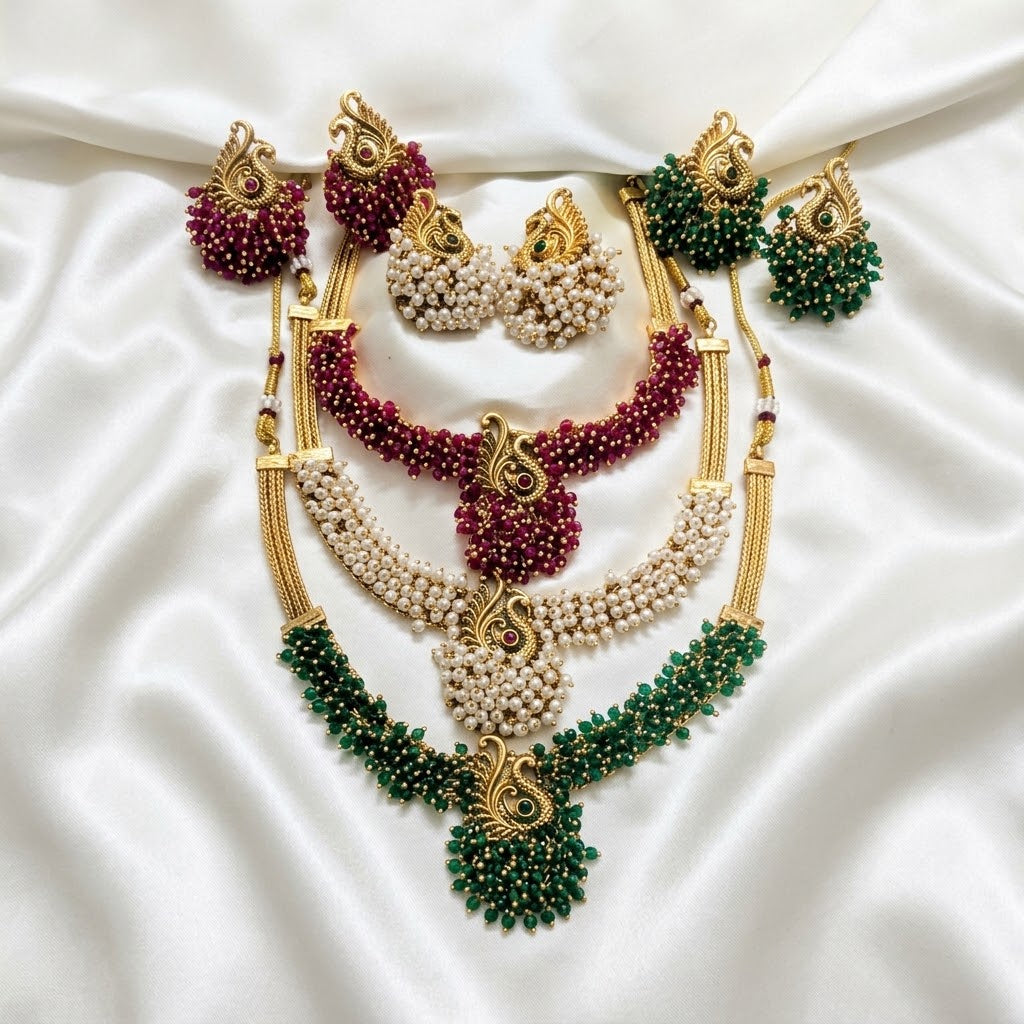 Cluster Bead Peacock Necklace Set
