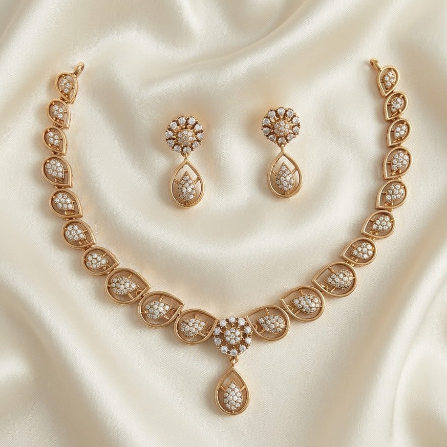 Arhoha Traditional Gold Plated Diamond Replica Drop Simple Partywear Floral Necklace Set.