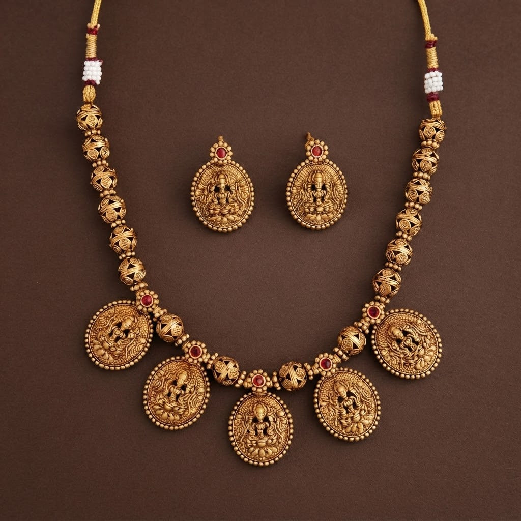 Ruby Lakshmi Ball Antique Gold Necklace Set