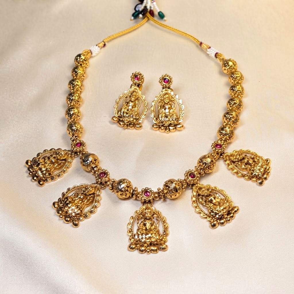Ruby Lakshmi Ball Antique Gold Necklace Set