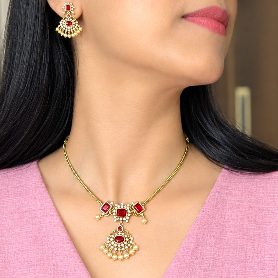 Traditional Red Attigai Necklace Set