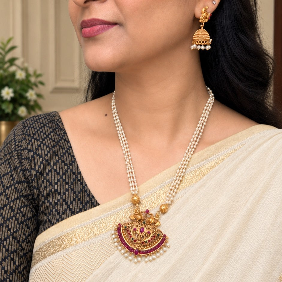 Peacock Pendant Long Layer Pearl Necklace