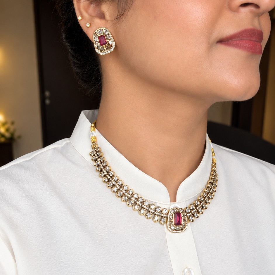 Kundan Polki Moissanite Victorian Necklace Set