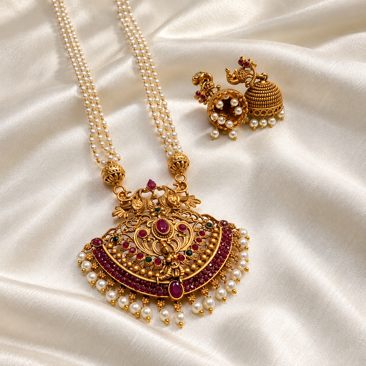 Peacock Pendant Long Layer Pearl Necklace