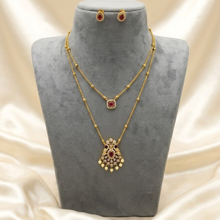 Ruby Peacock Pendant Double Layer Necklace Set