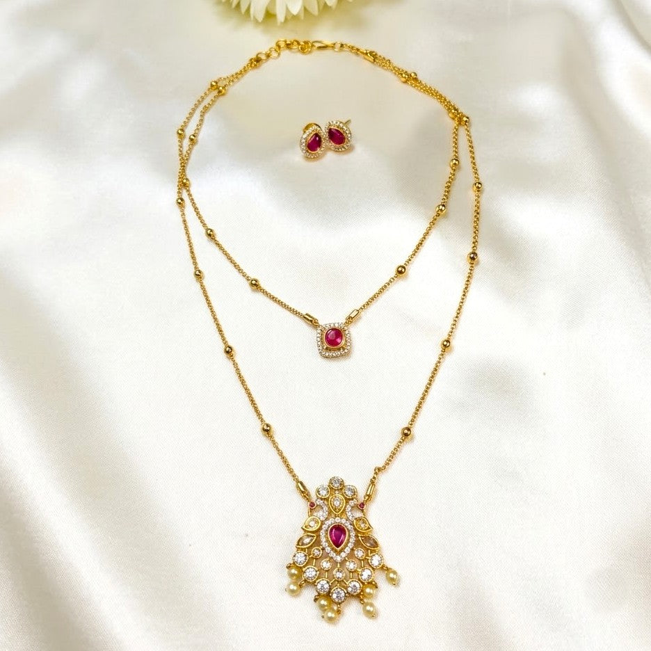 Ruby Peacock Pendant Double Layer Necklace Set