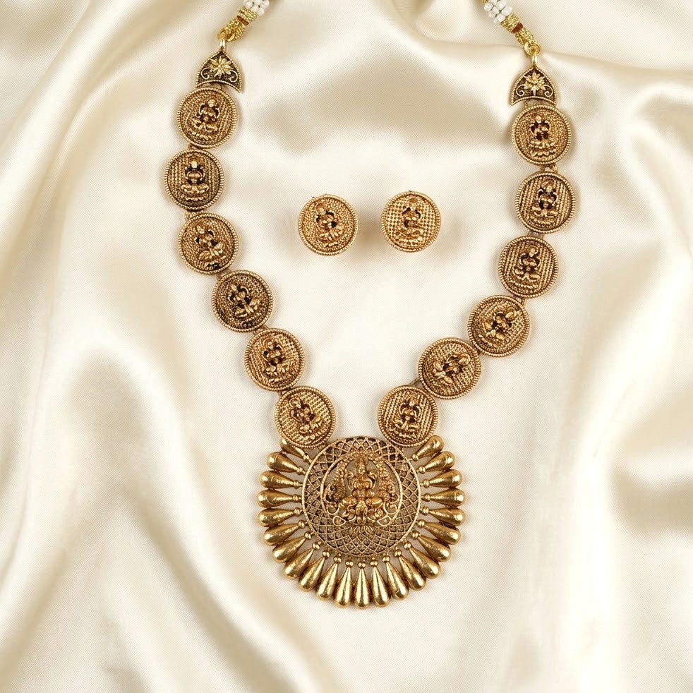 Matte Gold Floral Lakshmi Necklace Set