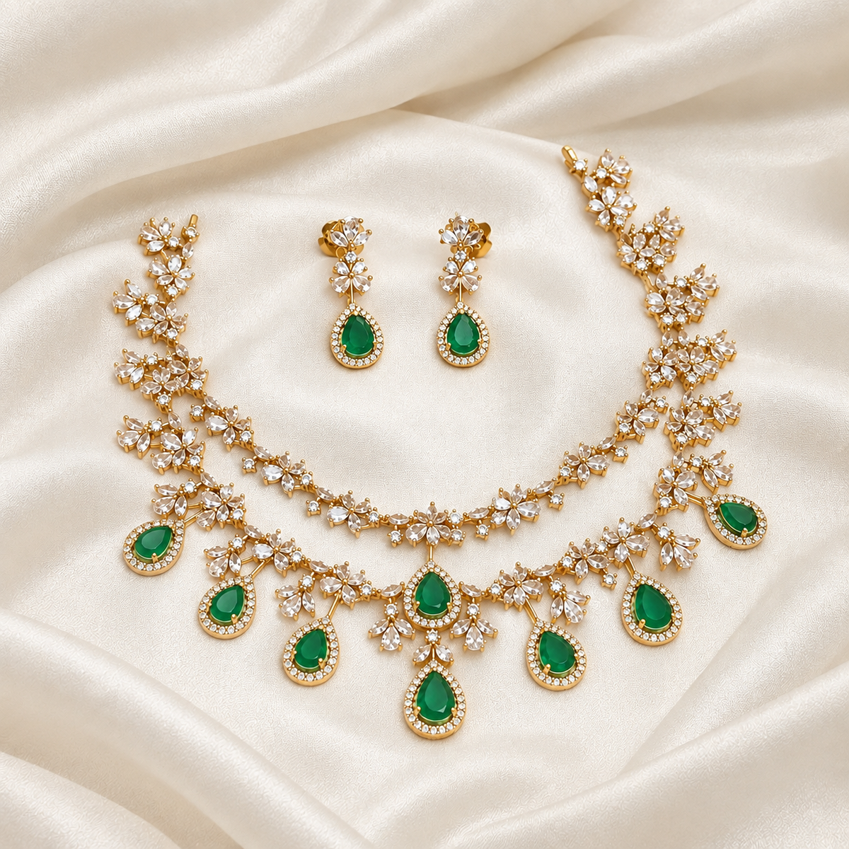 Gemstone Polki Diamond Replica Partywear Necklace Set