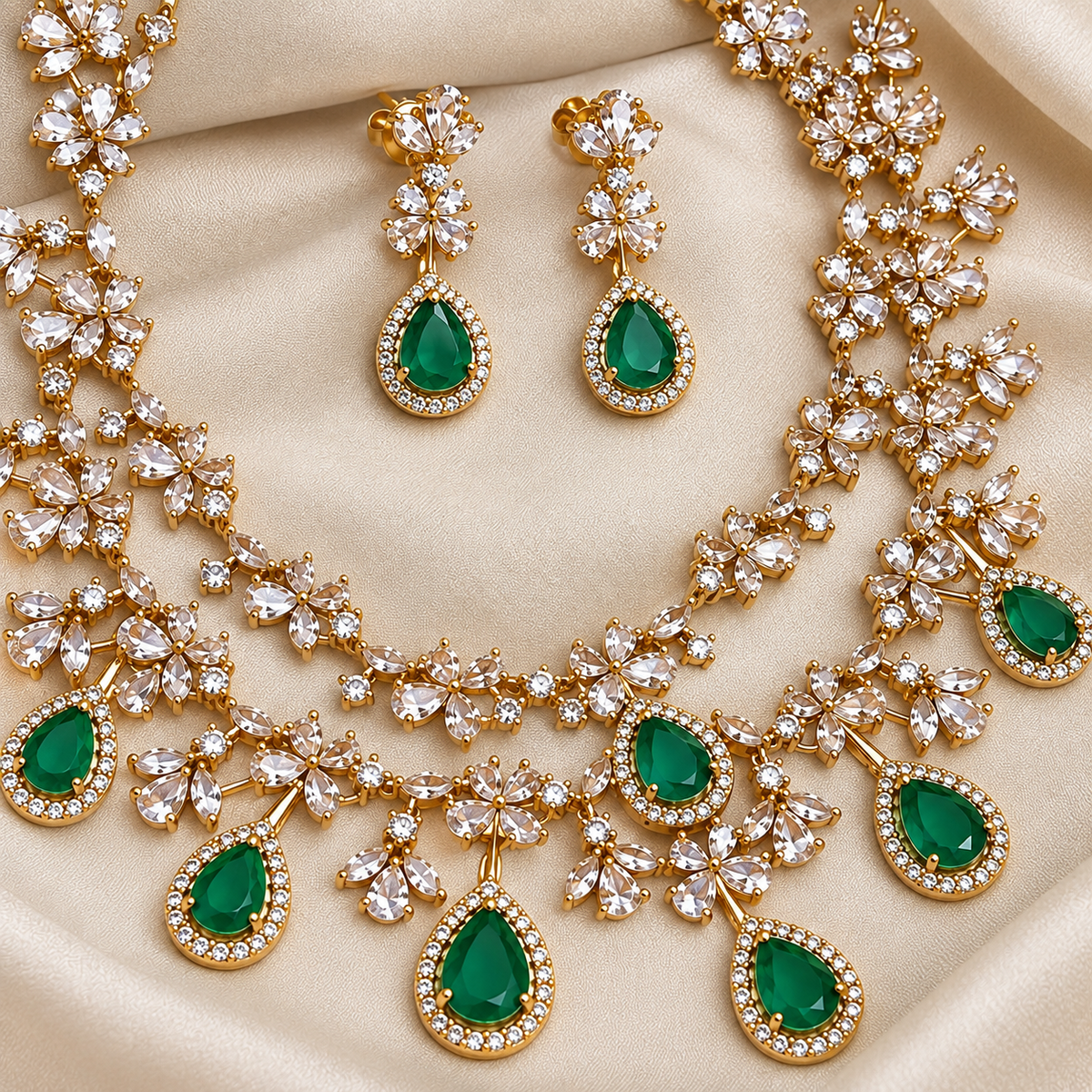 Gemstone Polki Diamond Replica Partywear Necklace Set