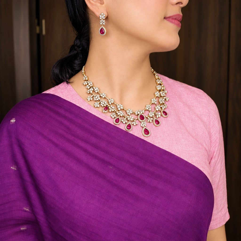 Gemstone Polki Diamond Replica Partywear Necklace Set