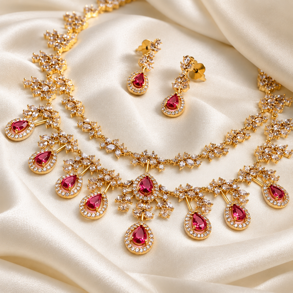 Gemstone Polki Diamond Replica Partywear Necklace Set