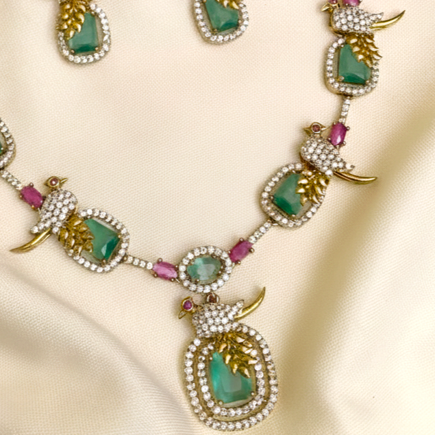 Green AD Bird Gold Plated Victoria Partywear Necklace Set