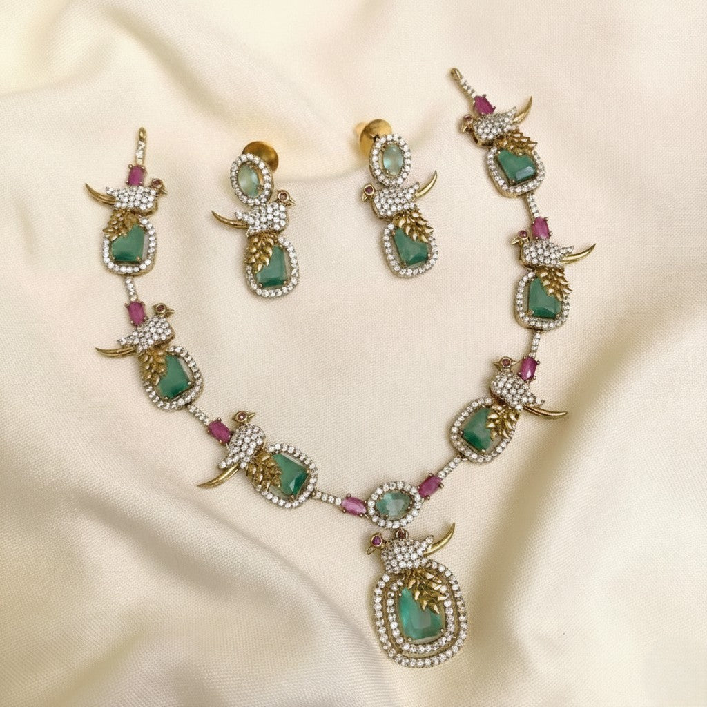 Green AD Bird Gold Plated Victoria Partywear Necklace Set