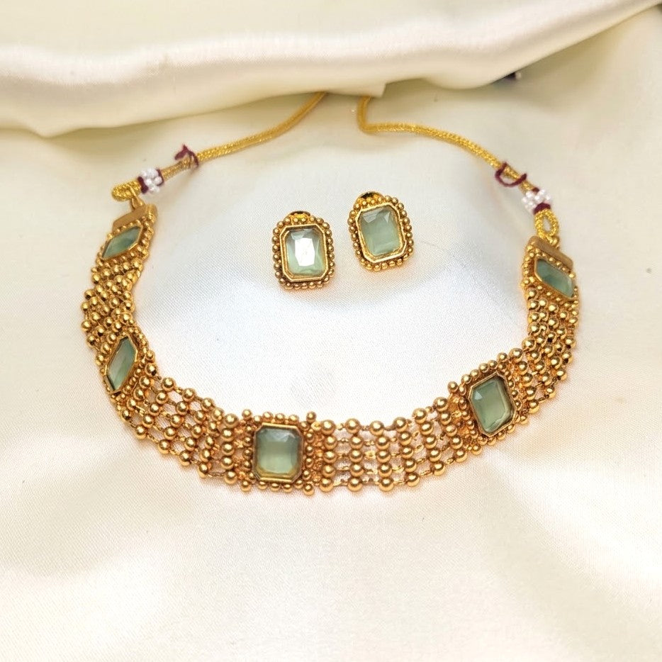 Matte Gold Pastel Green Choker Necklace Set