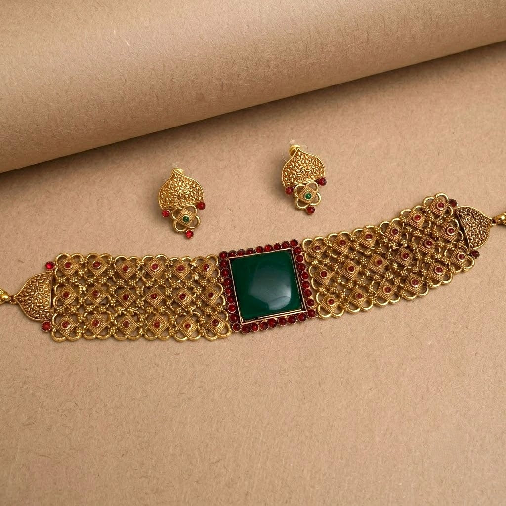 Arhoha Antique Gold Emerald Chocker Necklace Set statement piece onam eid
