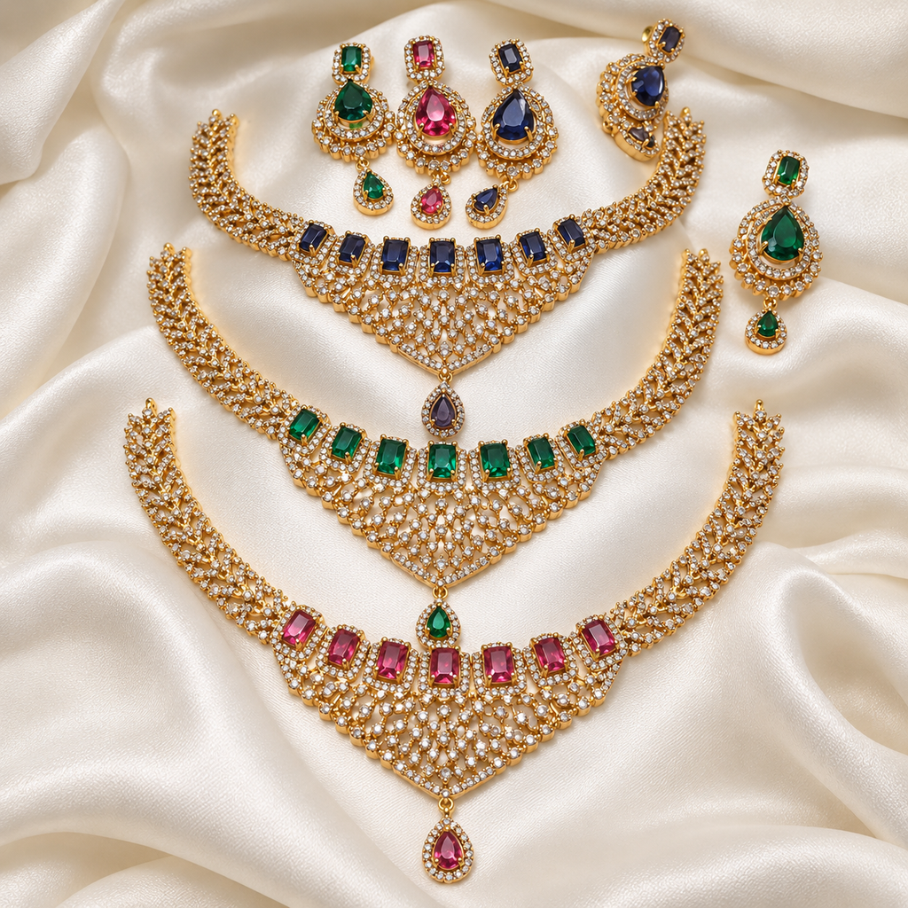 Diamond Gemstone Replica Partywear Drop Necklace Set