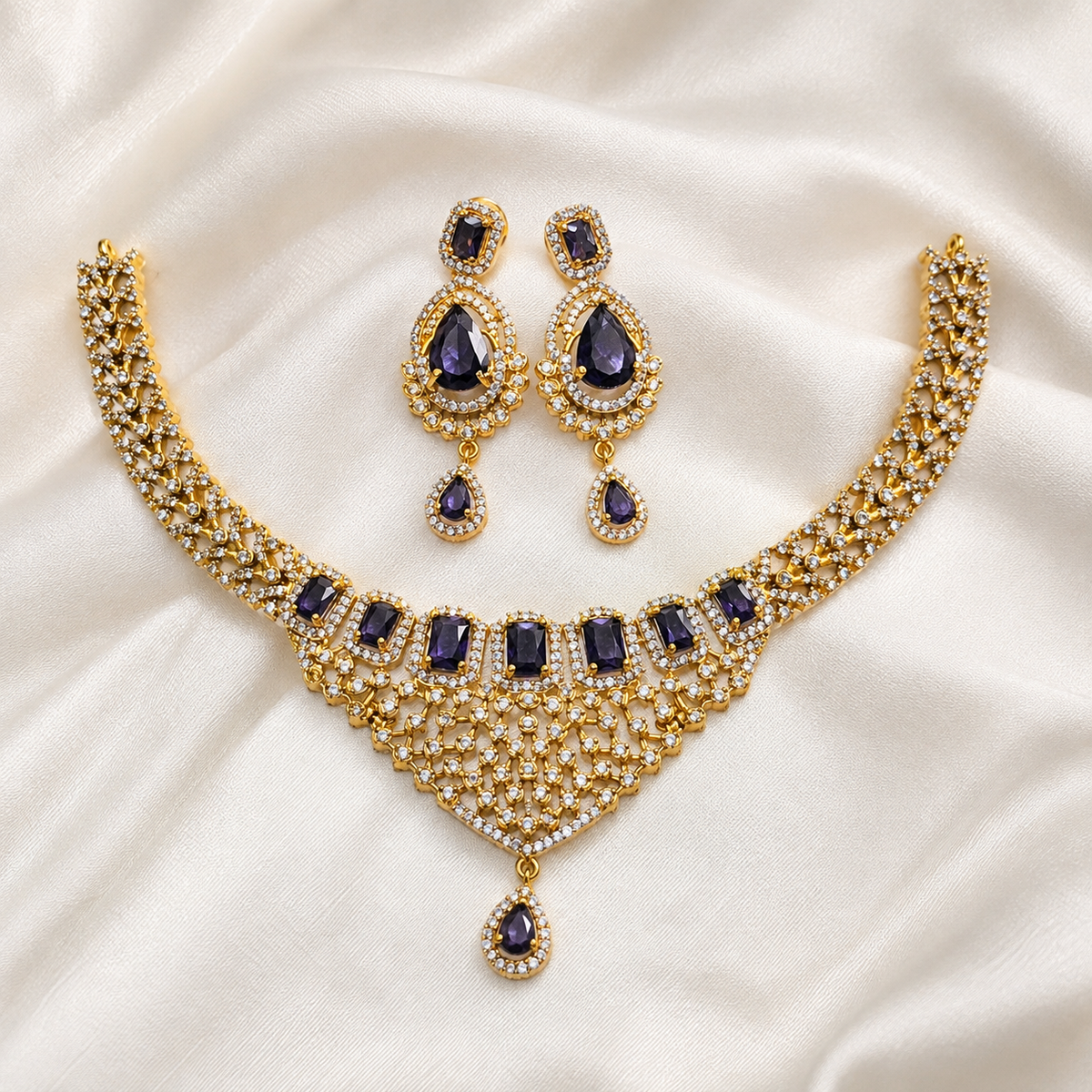Diamond Gemstone Replica Partywear Drop Necklace Set