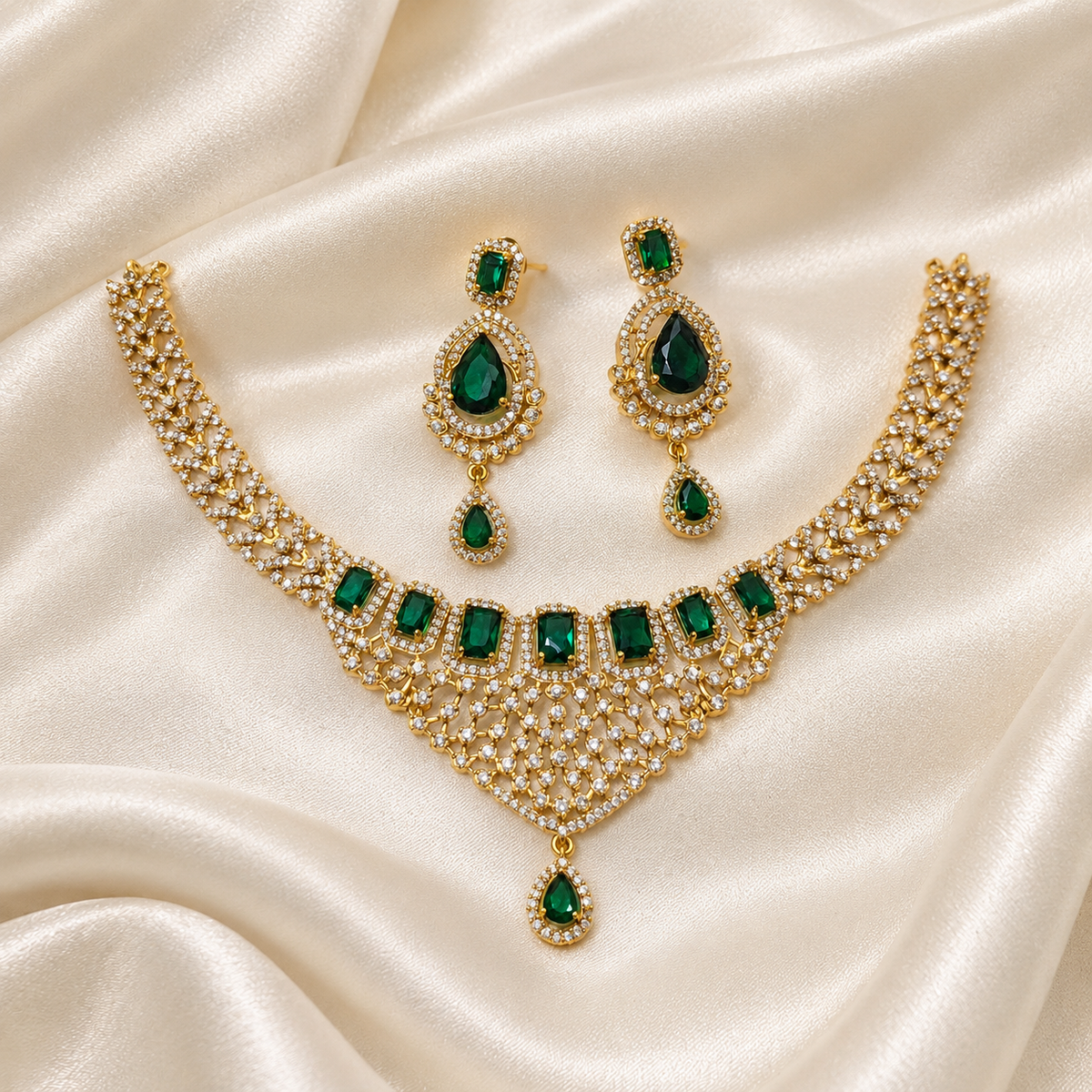 Diamond Gemstone Replica Partywear Drop Necklace Set