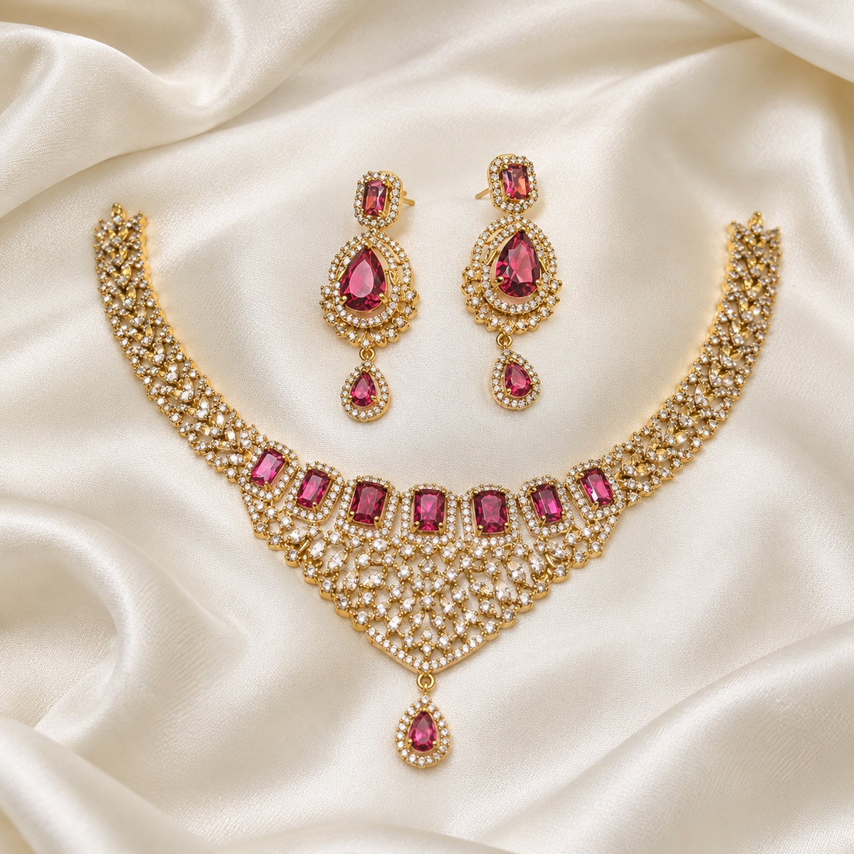 Diamond Gemstone Replica Partywear Drop Necklace Set